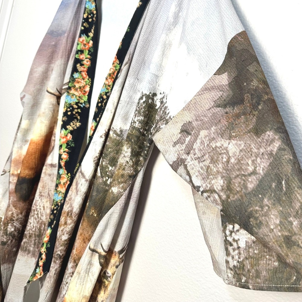 Aratta Silent Journey Anthropologie Deer Stag Floral Beaded Kimono Duster XL - Picture 4 of 12